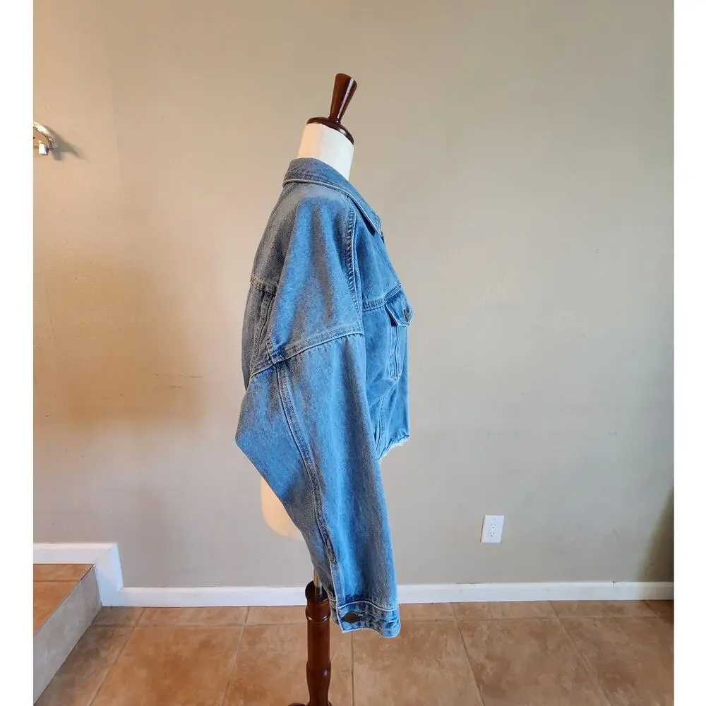 Mono B Women's Denim Jean Jacket SZ Large Raw Hem Cropped - Picture 3 of 10